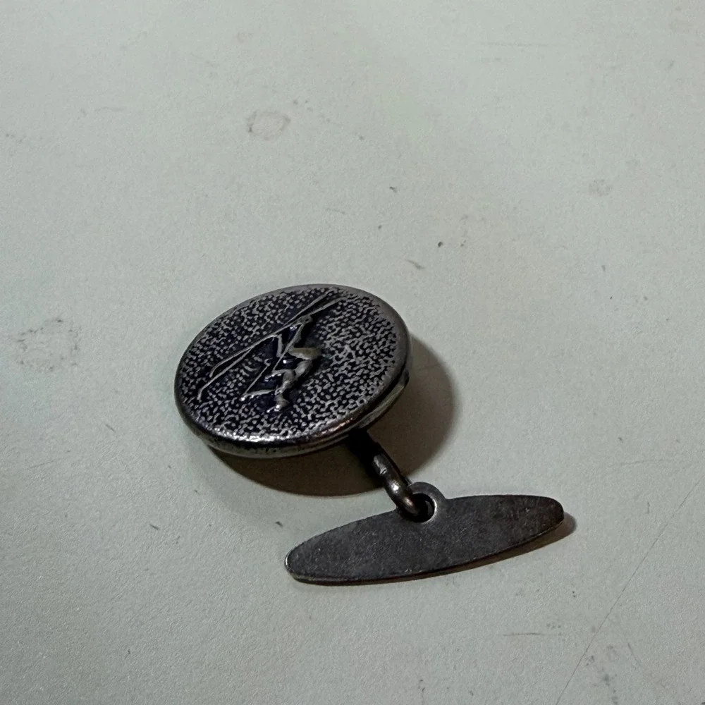 Vintage Silver Tone Downhill Skier Cufflink Single Round Textured Winter Sports